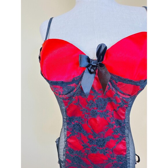 Y2K Dreamgirl Red and Black Bustier / Vintage Lace Bow Ribbon Floral  Large - Picture 6 of 7